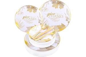 Joyido 125PCS Thanksgiving Plastic Plates - Gold Disposable Dinnerware Sets - Thanksgiving Maple leaf Plates with Silverware for 25 Guests for Autumn Harvest Party Decor