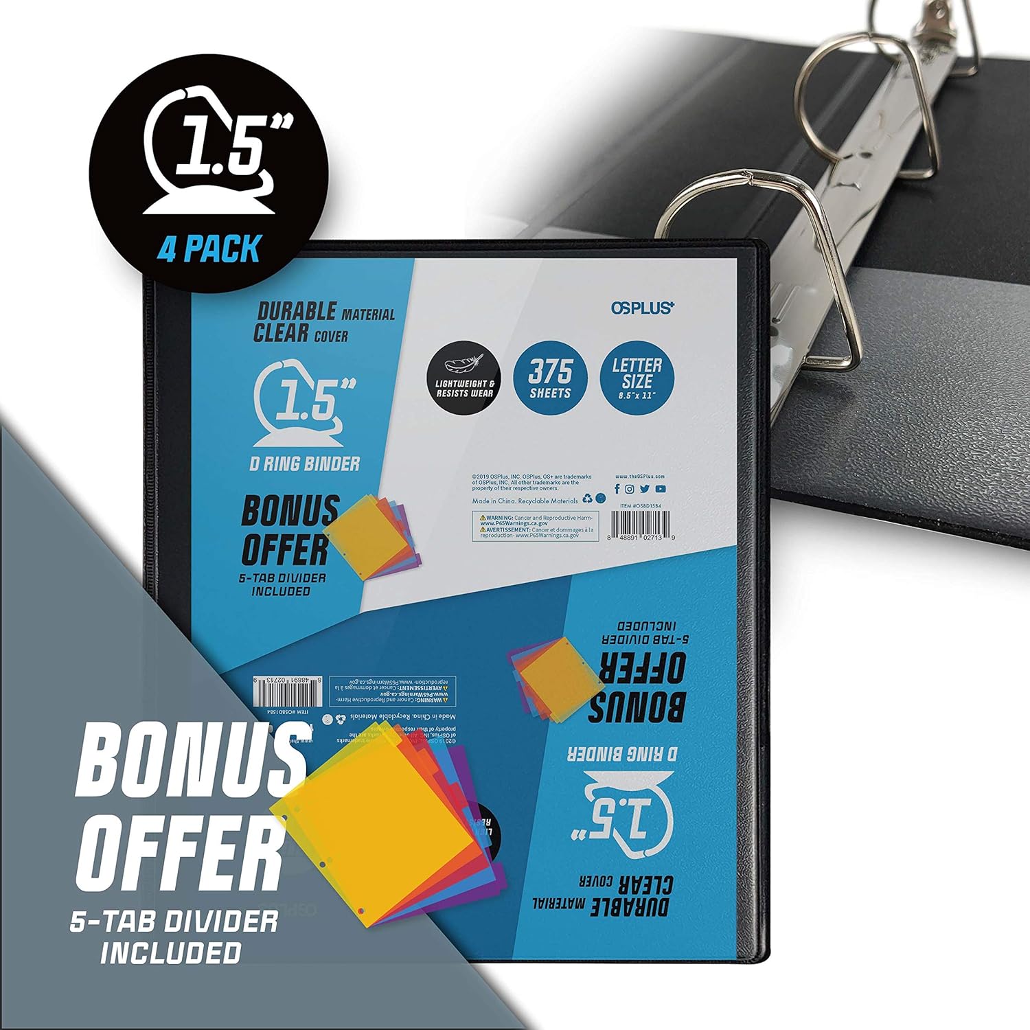 OS Plus Durable D-Ring Binder, 1.5 Inch - Black, 4 Pack. Bonus 1 Set Divider Included : Office Products