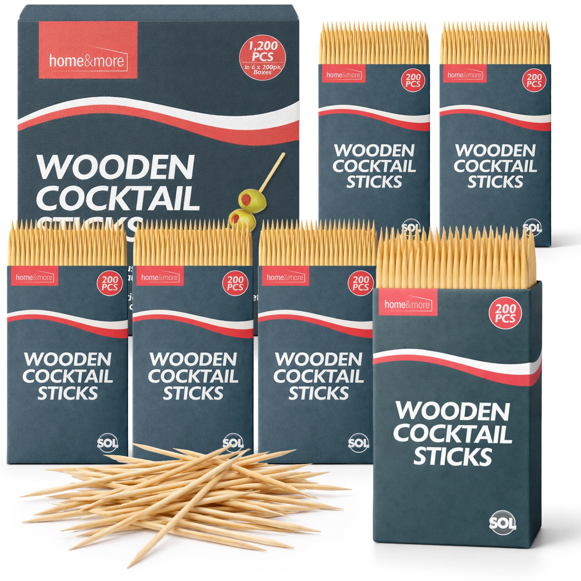SOL [1,200 Pack] Wooden Cocktail Sticks for Food - for Party Canapés, Stacked Appetisers, Finger Foods, Drink Garnishes, Buffet Tables, Grazing Boards - Splinter-Free Toothpicks in Handy Dispensers