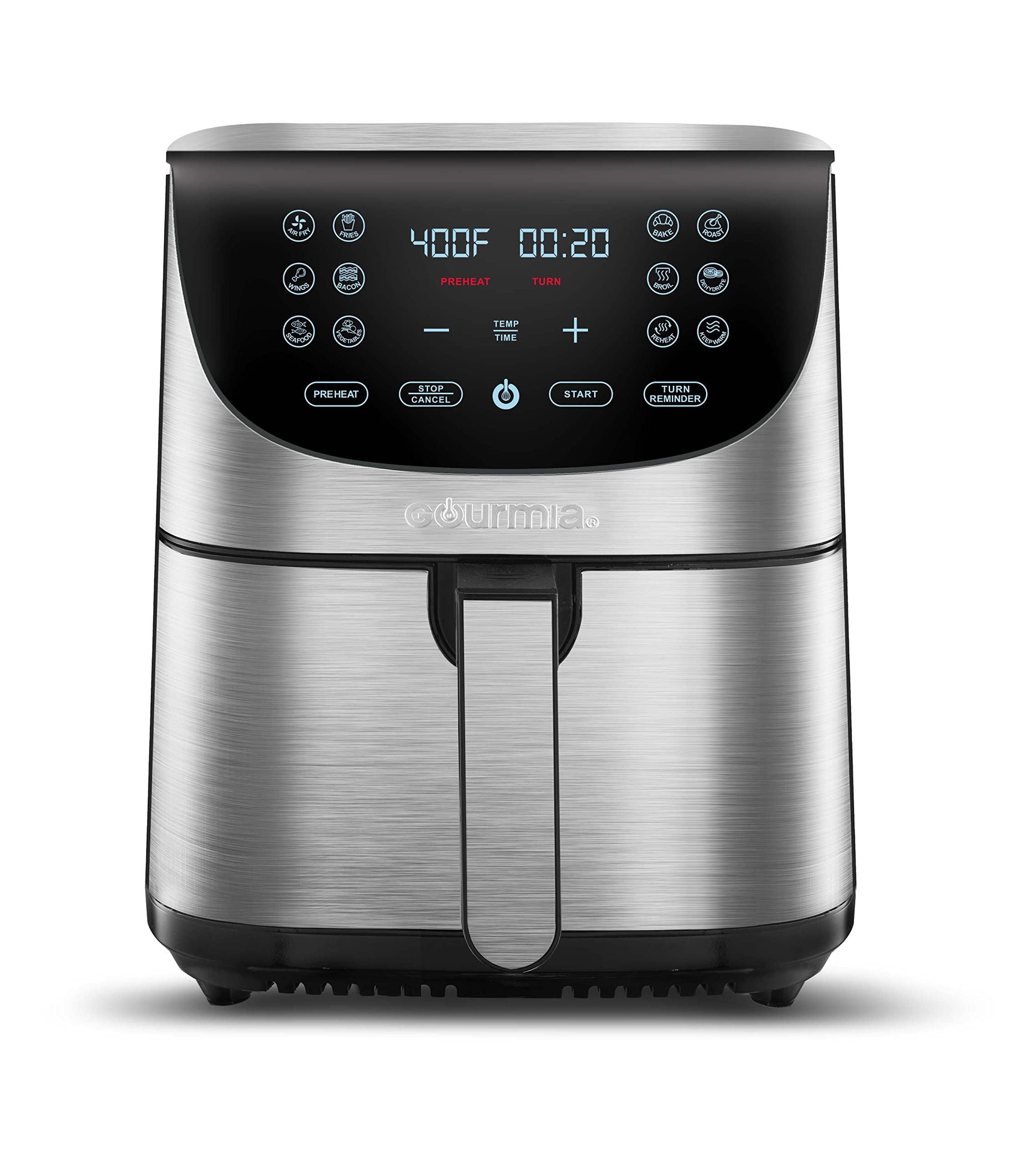 Gourmia Air Fryer Oven Pantalla digital 7 Quart Large AirFryer Cooker 12 Touch Cooking Presets, XL Air Fryer Basket 1700w Power Multifunción GAF778 Freidora de aire negra y de acero inoxidable FryForce 360°