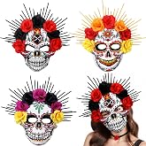 Junkin 3 Pcs Day of the Dead Skull Masquerade Masks for Women Halloween | Costume Flower Embellished Design Mardi Gras Carnival Cosplay Party Mexican Themed Celebration Venetian Skull Face Cover