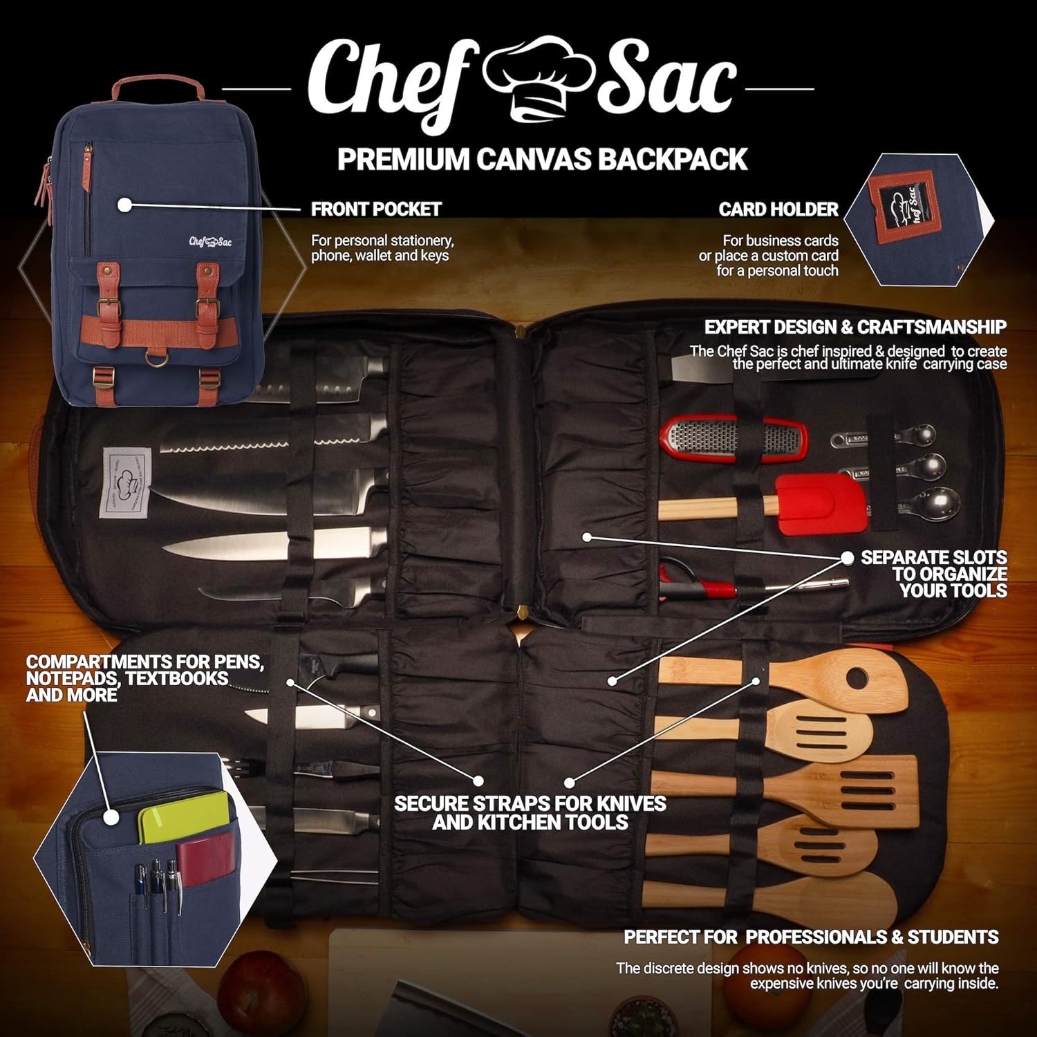Chef Knife Bag Retro Backpack | 20+ Slots for Knives and Chef Tools | Knife Carrying Case with Hidden Back Pocket for Tablet | Sturdy Knife Bags For Chefs & Culinary Students | Premium Canvas (Blue): Kitchen & Dining