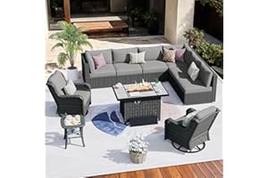 HOOOWOOO Patio Outdoor Sectional Furniture Sofa Set with Fire Pit Table,10 Piece L Shaped Wicker Couch Set with Swivel Chairs,Modern 8 Persons Summer Patio Conversation Set(Charcoal Gray)