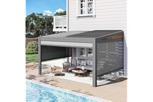 MELLCOM Louvered Pergola with Screen 10x13, Wall-Mounted Adjustable Pergola, Lean to Aluminum Gazebo with 3 Pull-Down Screen Sides and Adjustable Roof for Backyard, Dark Gray