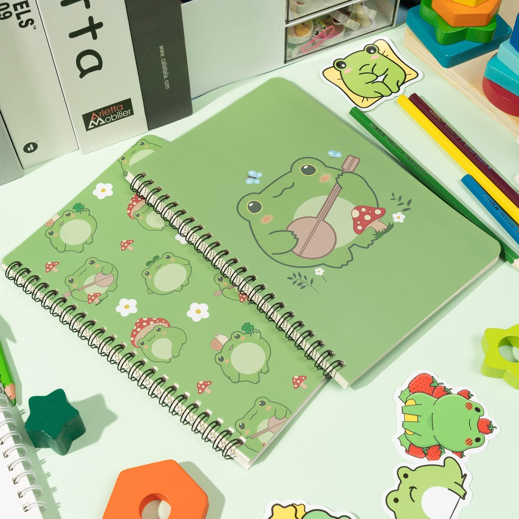 L1rabe 2 A5 Frog Spiral Notebooks Christmas Gift Cute Frog Green College Ruled Hardbound Notebooks, Exercise Book Diary Notepad Travel Journal for Kids Teens Students Winter Birthday New Year Gifts