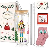 Joeyan Christmas Glass Cups with Lids and Straws,Xmas Nutcracker Tumbler Iced Coffee Glass with Keychain and Socks,Decorative 20oz Drinking Glasses with Tree Soldiers Patterns,Gift for Women Family