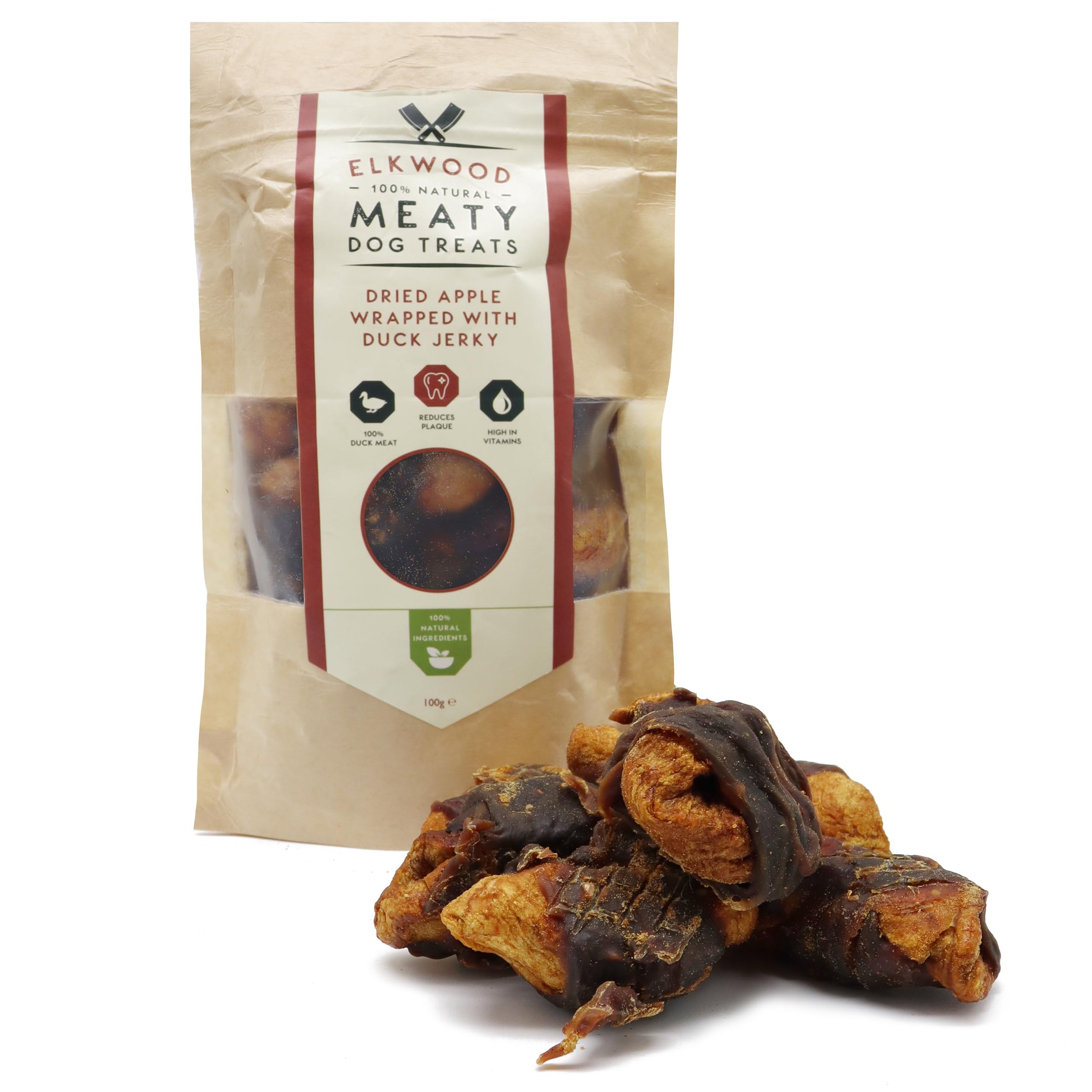 Elkwood Natural Dog Treats 100g - Dried Apple Chunks Wrapped in Duck Jerky | High in Protein, Low-Fat & Gluten-Free Chews for Healthy Digestion, Hypoallergenic Snacks & Immune Support
