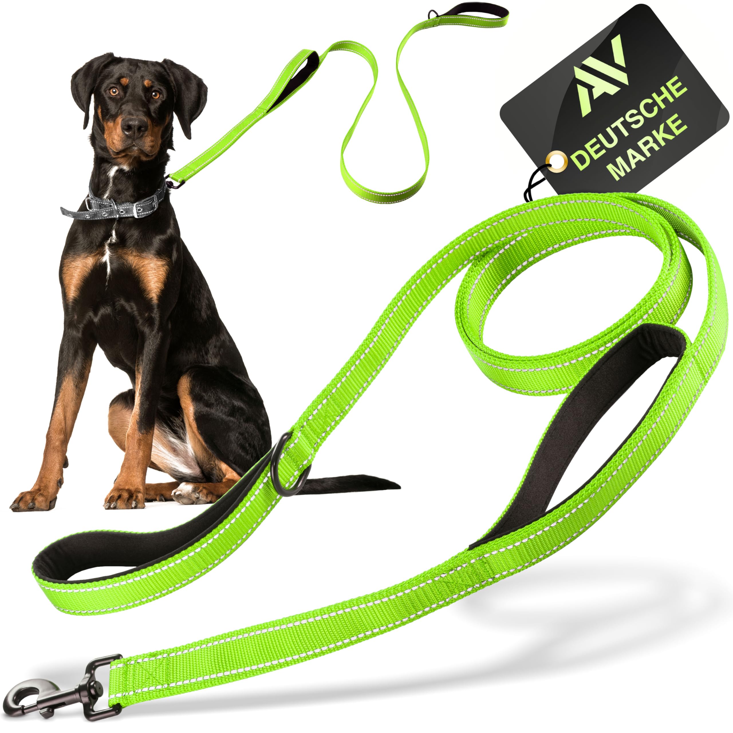 Reflective dog leash with integrated short lead | 2 hand-friendly padded hand loops | 1.5 meter long reflector nylon leash for large and medium-sized dogs - neon green