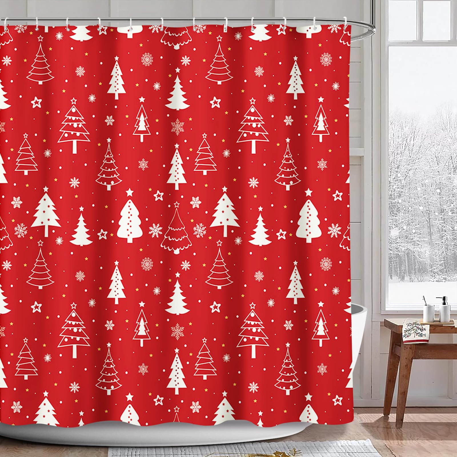 AIBIIN Red Christmas Shower Curtain Xmas Tree Snowflakes Bath Curtains for Bathroom Durable Polyester Material with 12 Hooks 180x180cm