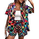 80s 90s 2 Piece Outfits for Women Retro Theme Party Disco Matching Sets Neon Button Down Top and Shorts Sets