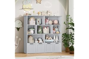 FINETONES Toy Storage Organizer, Kids Bookshelf with 4 Movable Chests and 7 Storage Cubes, Toy Chest Storage Shelf Organizer with Hidden Wheels, Toy Organizers and Toy Storage, Grey