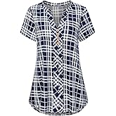 MOQIVGI Womens Notch Neck Short Sleeve Plaid Shirts Checkered Blouse Tops
