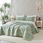 QSH 3Pcs Oversized King Bedspread Set(120"x120"),100% Cotton Green Floral Quilt Bedding Set Flower Bird Butterfly Printed Bedspread Coverlet California King Oversized Lightweight Soft Bedding Set