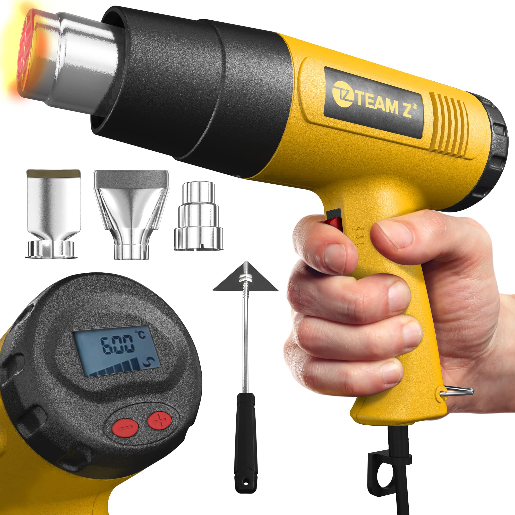 Photo 1 of Team Z 1800W Heat Gun Kit 212°F to 1112°F(Only °F)- Fast Heating Heavy Duty Hot Air Gun, LCD Display, Overload Protection with 4 Nozzles for Shrink Wrap, Soften Paint, Bend Plastic Pipes and More
