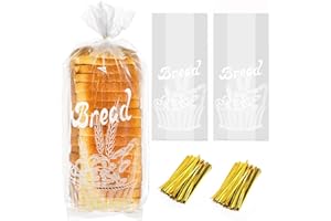 Nicunom 200 Pack Reusable Plastic Bread Bags, Gold Ties, 8” x 4” x 18”, Clear, Sturdy, BPA Free, Perfect for Bread, Bakery, H
