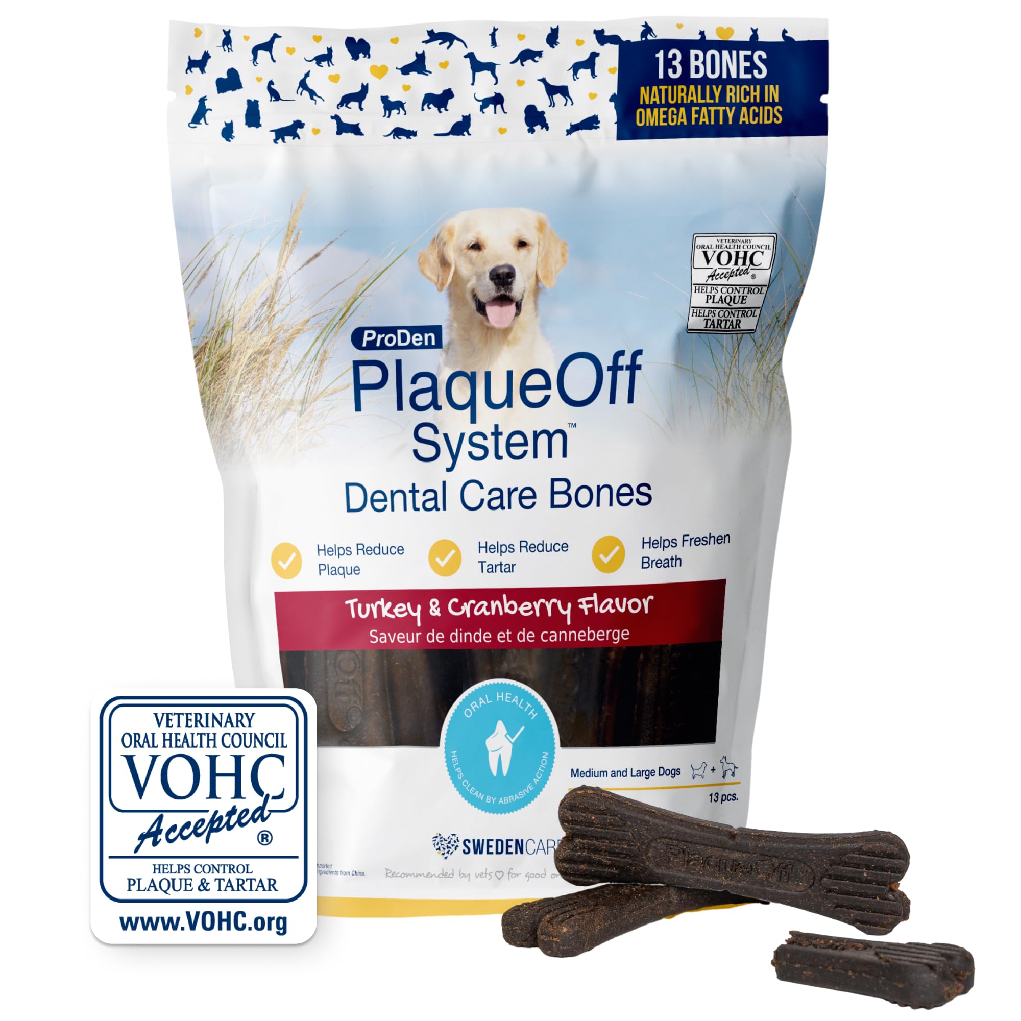 ProDen PlaqueOff 13 Dental Bones for Medium & Large Dogs Tartar, Plaque & Bad Breath Remover, Improves Overall Oral Health Flavour(Turkey & Cranberry)