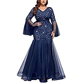 MISSMAY Women's Plus Size Sequins Lace V Neck Sheer Long Sleeves Tulle Mermaid Hem Evening Dresses