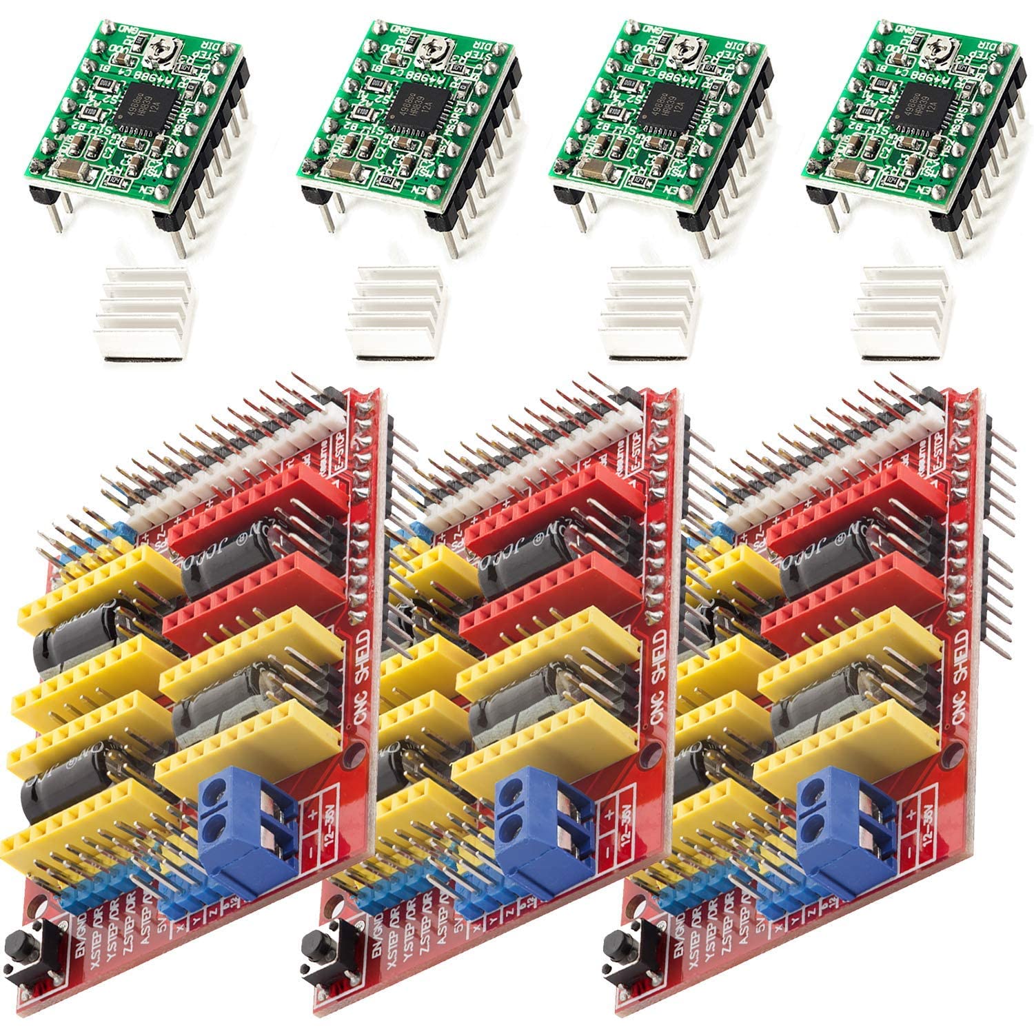AZDelivery 3 x CNC Shield V3.0 Expansion Board Bundle, 4PCS A4988 Stepper Motor Drivers with 4PCS Heatsink Kits compatible with Arduino, 3D Printer Including E-Book!