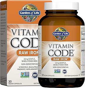 Garden of Life Vitamin Code Raw Iron Supplement - 30 Vegan Capsules, 22mg Once Daily Iron, Vitamins C, B12, Folate, Fruit, Ve