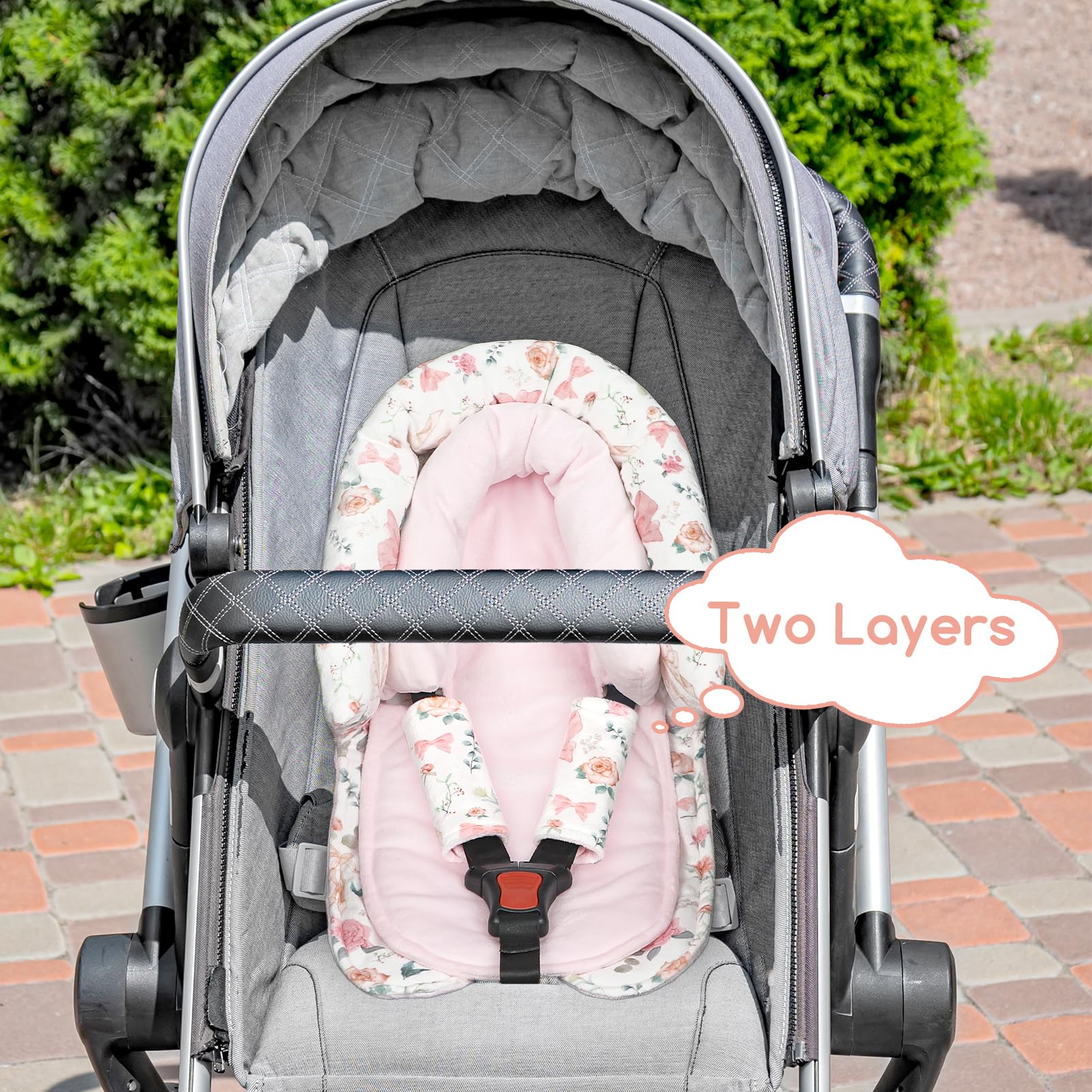 Baby Car Seat Head Support for Newborn, GFU 2 in 1 Infant Car Seat Head Body Support with Strap Pads, Soft Stroller Cushion Pillow Insert for Girls, Fits for Stroller, Swing, Pink Floral