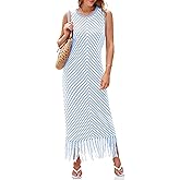 Wenrine Womens Summer Crochet Knit Dress Sleeveless Casual Striped Tassel Tank Sweater Boho Maxi Dresses