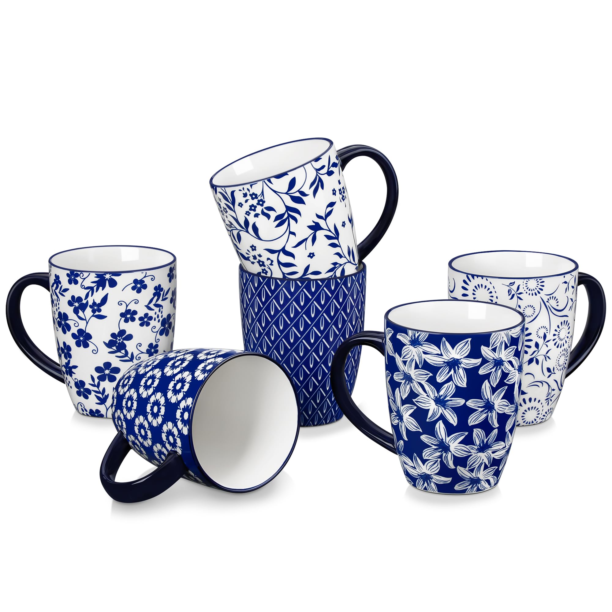 vancasso Kaffeetassen 6er Set, SELENE Porzellan Tassen, 480ml Kaffeebecher mit Henkel, Tasse für Kaffee, Milch, Tee & Kakao, Vintage Blau-weiß