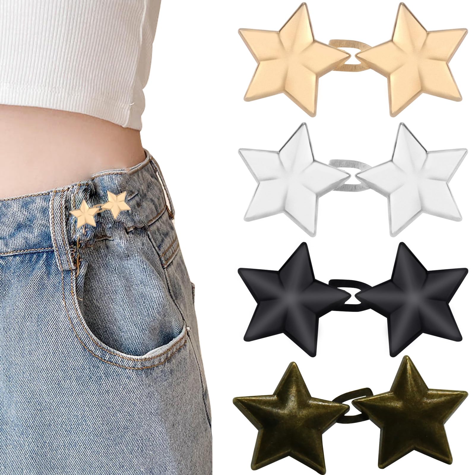 4 Colors Star Shape Jeans Button Pant Waist Tightener Button Pins for Jeans No Sewing Required, Removable Waist Tightener for Jeans, Jean Waist Tightener Suitable for Jeans, Jackets, Overalls,Shirts