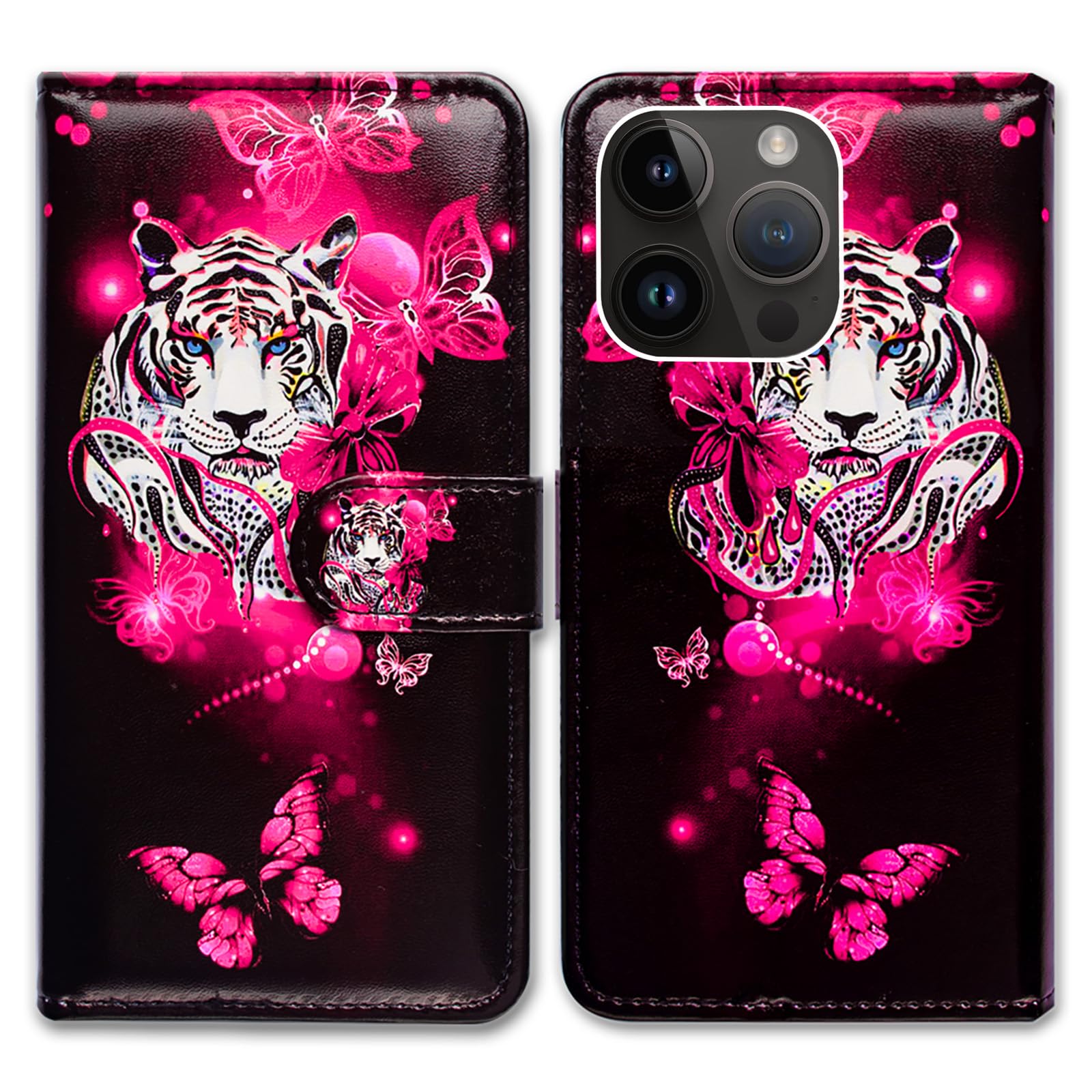 Bcov iPhone 15 Pro Max Case,White Tiger Butterfly Leather Flip Phone Case Wallet Cover with Card Slot Holder Kickstand For iPhone 15 Pro Max