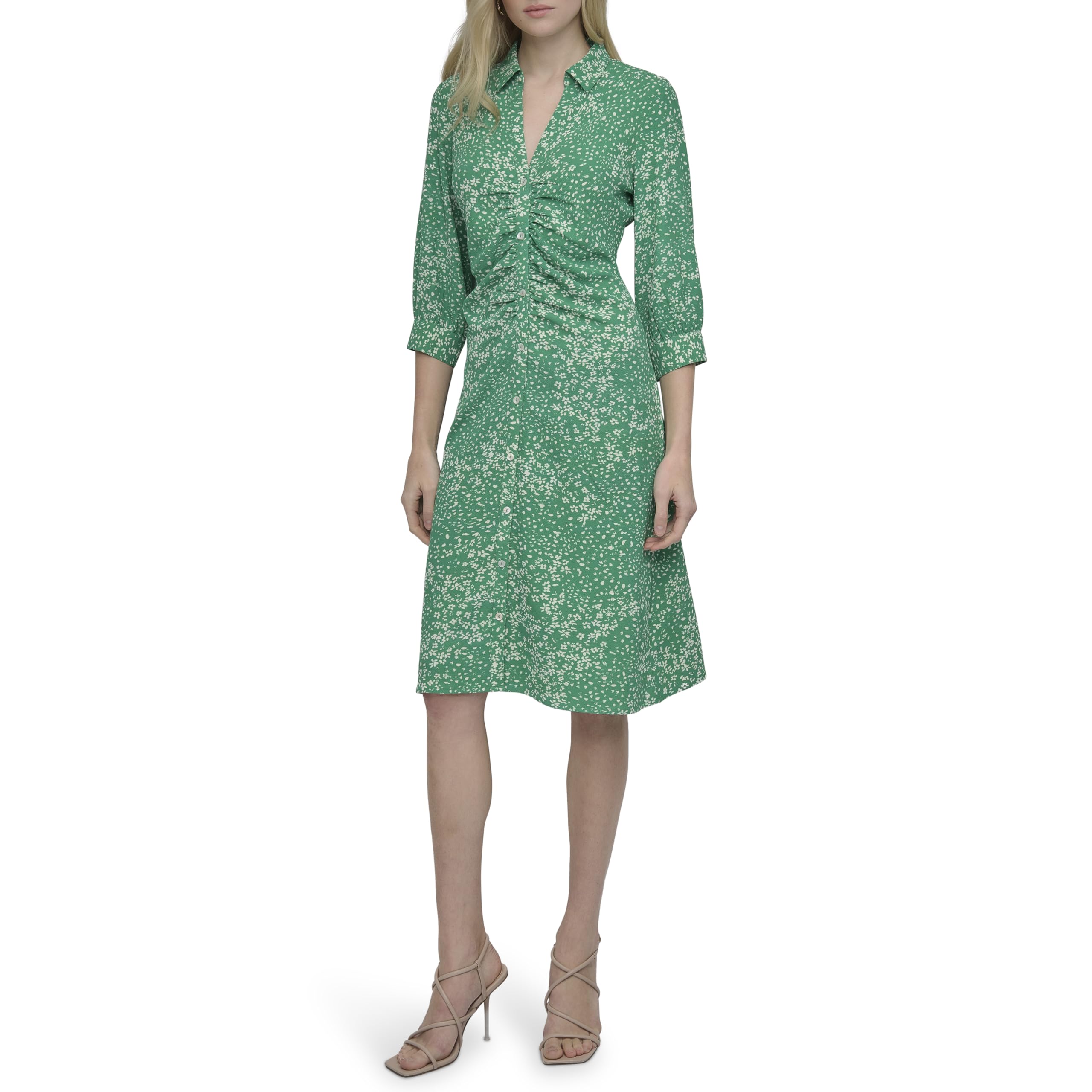 DKNY Women’s Long Sleeve Collared Midi Shirtdress, Apple Combo