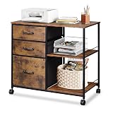 DEVAISE 3 Drawer Mobile File Cabinet, Rolling Printer Stand with Open Storage Shelf, Fabric Lateral Filing Cabinet fits A4 or Letter Size for Home Office, Rustic Brown Wood Grain Print