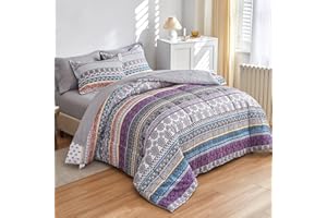 Flysheep Bohemian Bed in a Bag 7 Pieces King Size, Colorful Boho Purple Orange Gray Stripes Reversible Bed Comforter Set (1 C