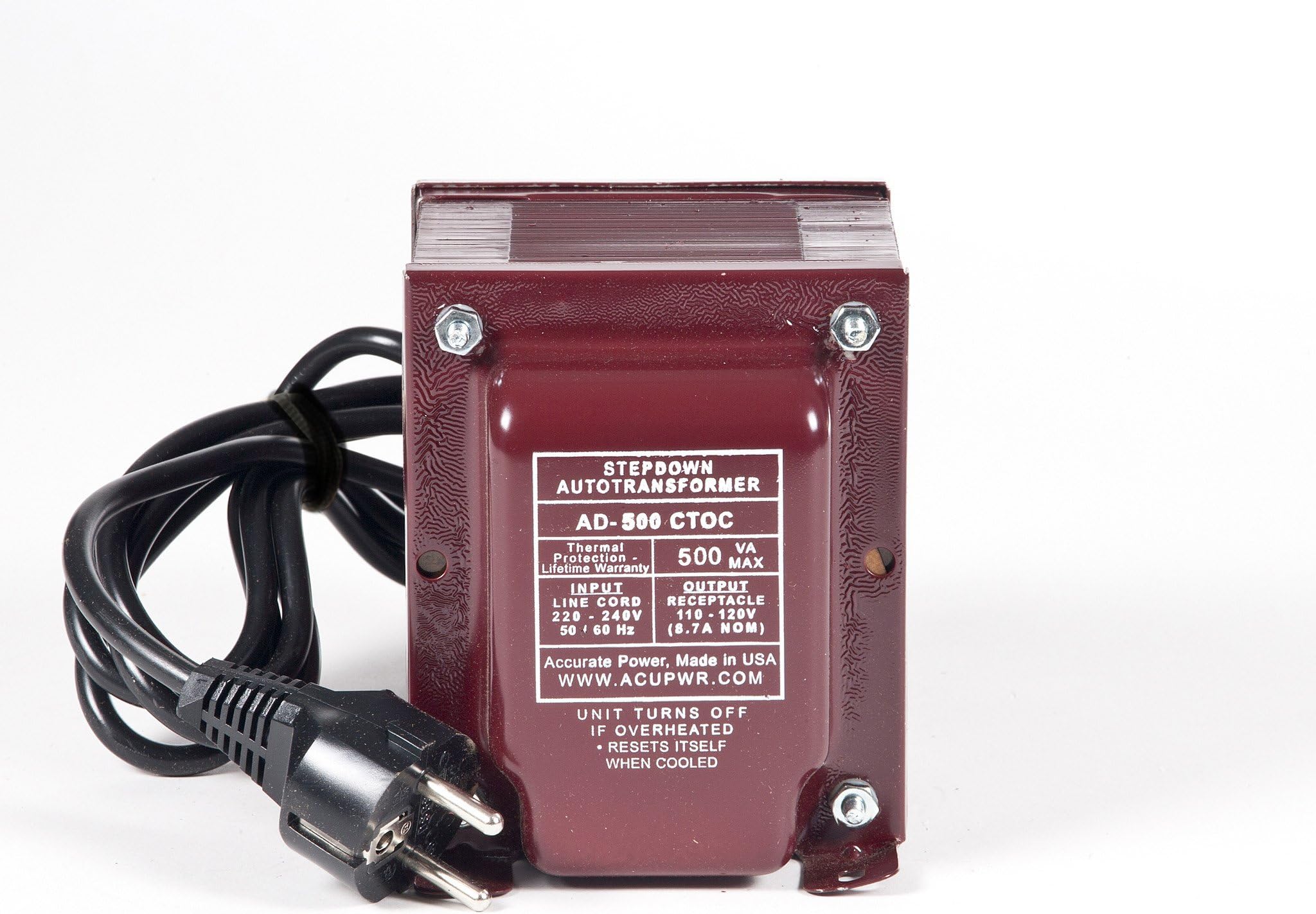 ACUPWR Tru-Watts 500-Watt Step Down Voltage Transformer with IEC C13 Input and Type F Schuko Plug/Power Cord – Use 110-120-volt Appliances in 220-240-volt Countries - AD-500IEC