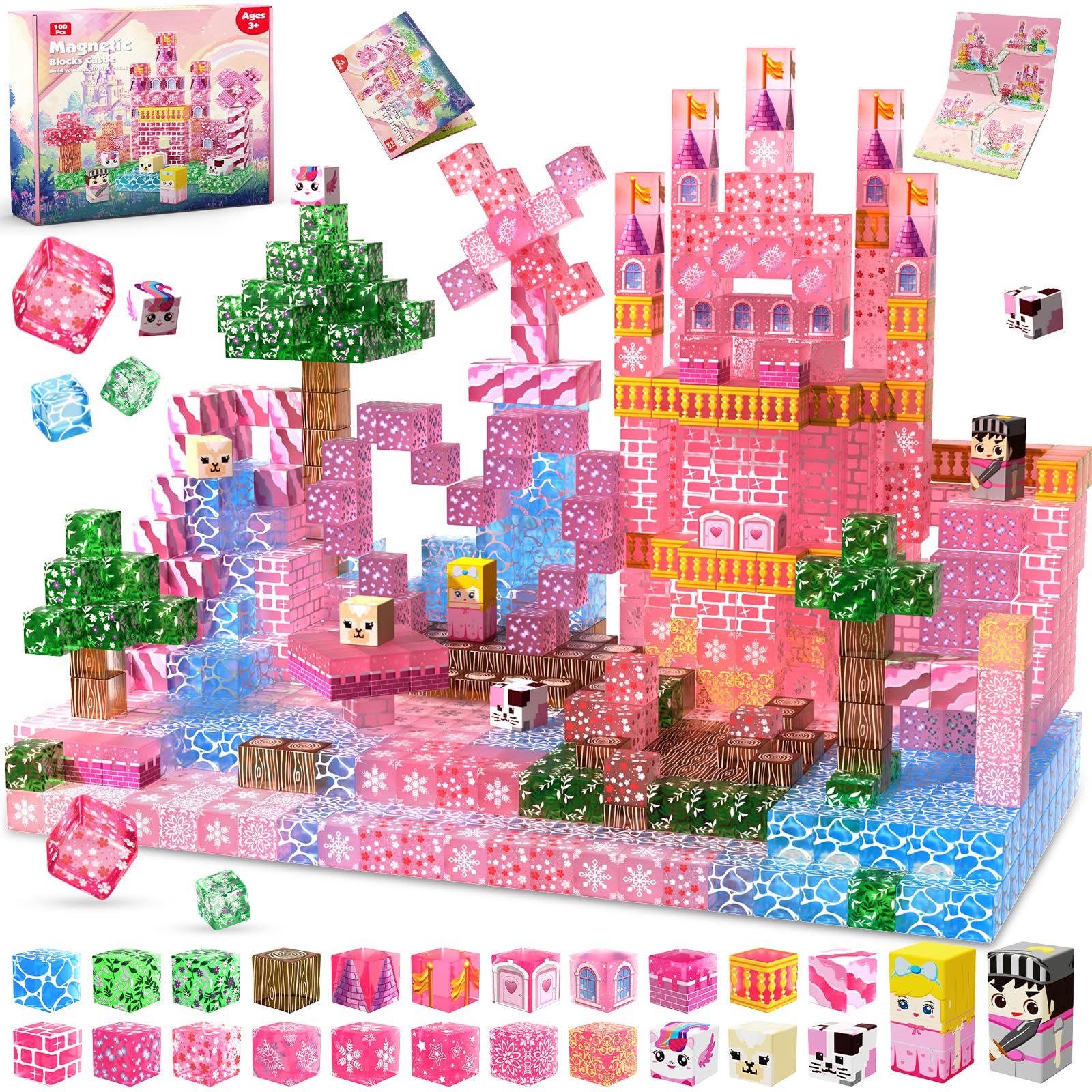 Magnetic Blocks - 100 PCS Transparent Magnetic Building Block for Kids, Pink Princess Castle Magnet Cubes Sets, Princess Toys for Girls Ages 3 4 5 6 7 8-12 Valentines Day Gifts for Kids Birthday Gifts Image