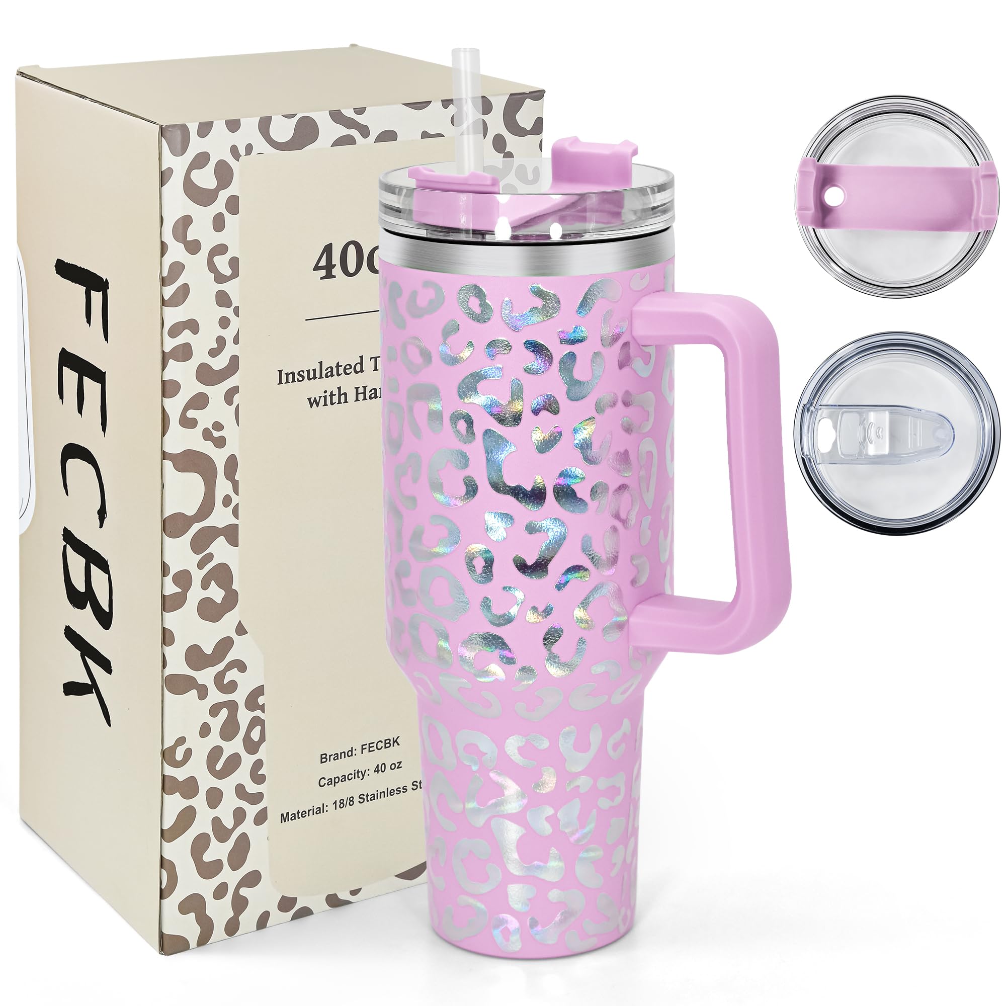 FECBK 40oz Tumbler with Straw and Lid 1.2L, 100% Leak-Proof Travel Mug with Handle, Stainless Steel Vacuum Insulated Water Bottle Coffee Cup Keeps Cold 34H / Hot 12H, Blush Leopard — image 1