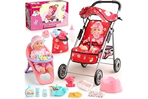HUCEEPLAY Baby Doll Stroller Set - A 12.5" Baby Doll with Doll Accessories & 2 Sets Clothes, Baby Doll Stroller for Toddlers 3-5, Doll Playset Toy Stroller for Kids, Gifts for Girls 3 4 5 Year Old Girls Toys