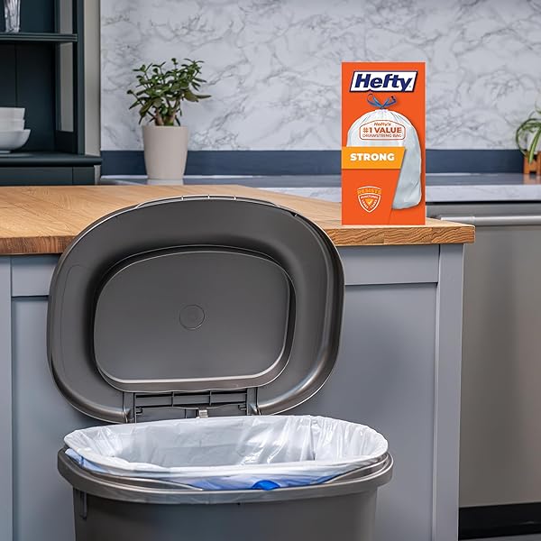 HEFTY STRONG WHITE 13 GALLON TRASH BAGS WITH DRAWSTRINGS, UNSCENTED TALL KITCHEN TRASH BAGS, RESISTS LEAKS, PUNCTURES, AND TEARS, DURABLE CLOSURE, 120 CT.