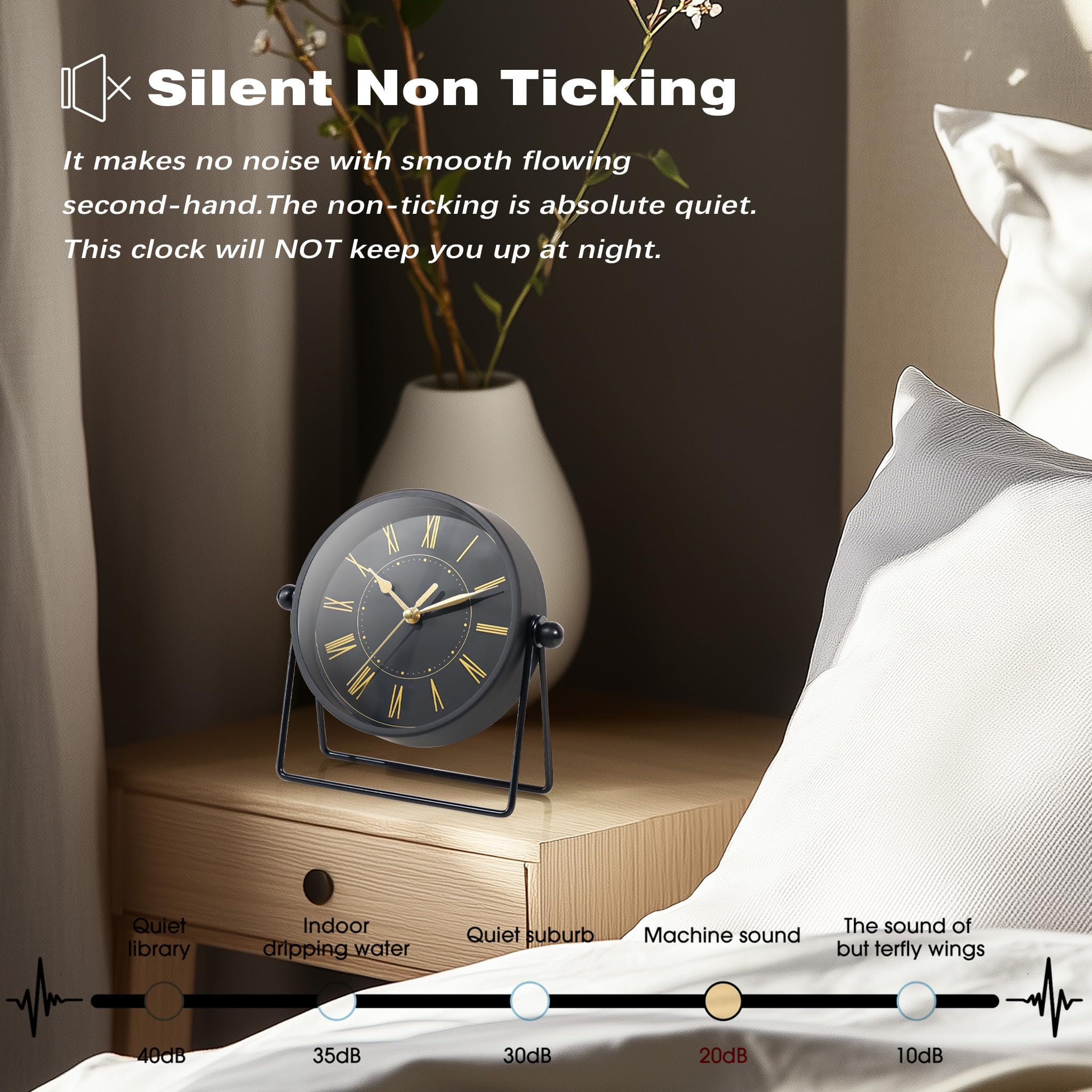 AYRELY® Vintage Metal Table Clock - Silent Non-Ticking Mantel Clock with Adjustable Angle, Retro Style Analogue Grandfather Clock for Living Room, Shelf, Fireplace & Office (Black/Gold)