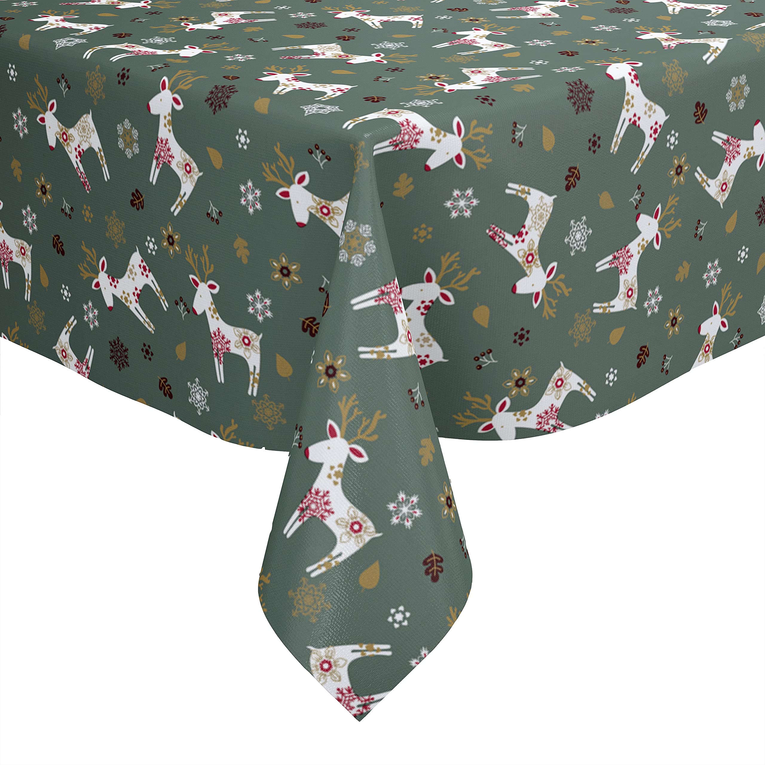 Karina Home Scandi Christmas Reindeer PVC Vinyl Wipe Clean Oilcloth Tablecloth (140cm x 140cm, Green)