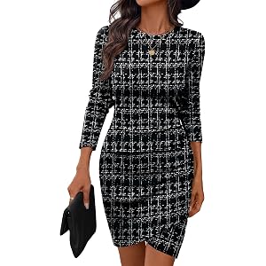 OFEEFAN Women's Crew Neck Long Sleeve Slim Fit Bodycon Mini Dress | Fall Outfits 2026 | Casual Slimming Dress | Fashion Cloth