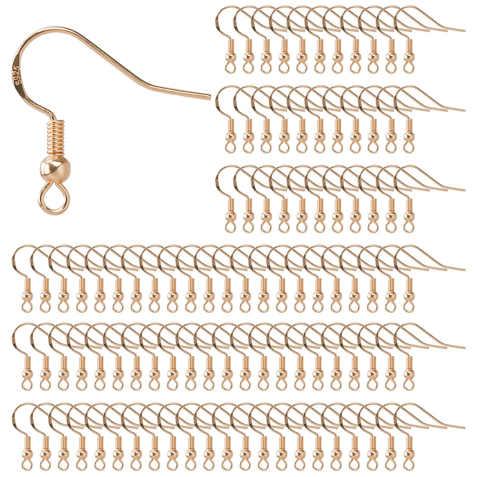 Earring Hooks 925 Sterling Silver Ear Wires Fish Hook Earring with Spring Ball for DIY Jewelry Customize Making 100 Pcs KC Plated Gold