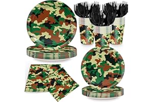 XIENBLOC 120pcs Camo Plates Napkins Camouflage Birthday Party Supplies Boy Camouflage Hunting Military Paper Tableware Set Disposable Cups Black Forks 24 Serve