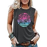 PECHAR Hawaiian Shirts for Women Palm Trees Beach Tank Tops Sunset Graphic Tees Summer Vacation Sleeveless Outfits