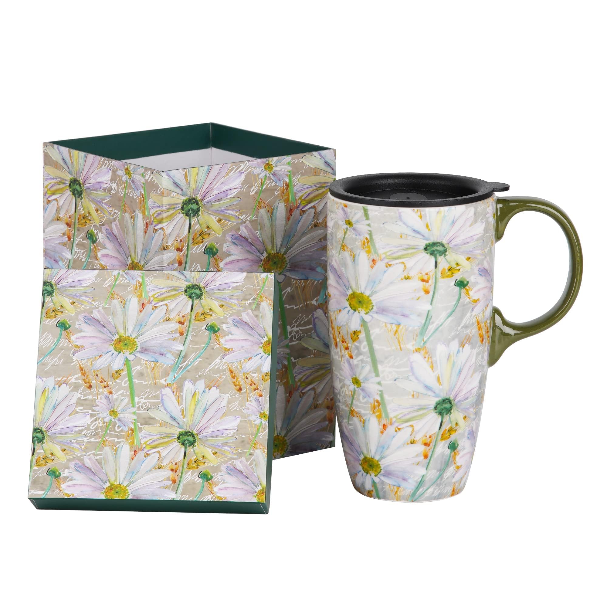 Topadorn Ceramic Travel Mug with Lid Coffee Mug with Gift Box Latte Mug Coffee Cup, 17oz Large Capacity Mug Home Office Gift, Daisy