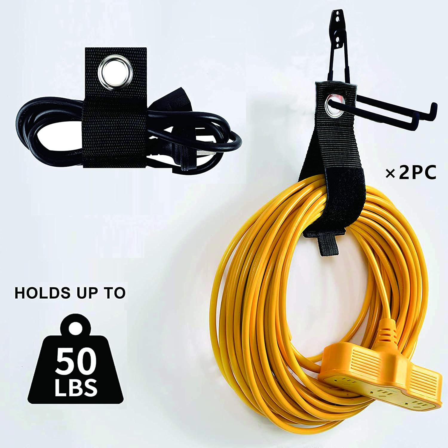 Garage Hooks, 4 Pack Wall Mount Storage Hanger with 2 Extension Cord Holder Organizer, Heavy-Duty 7.5 inch Long Hooks for Ladder, Ski, Sports, Utility, Garden Tool, Hose Storage Rack Organization - - 