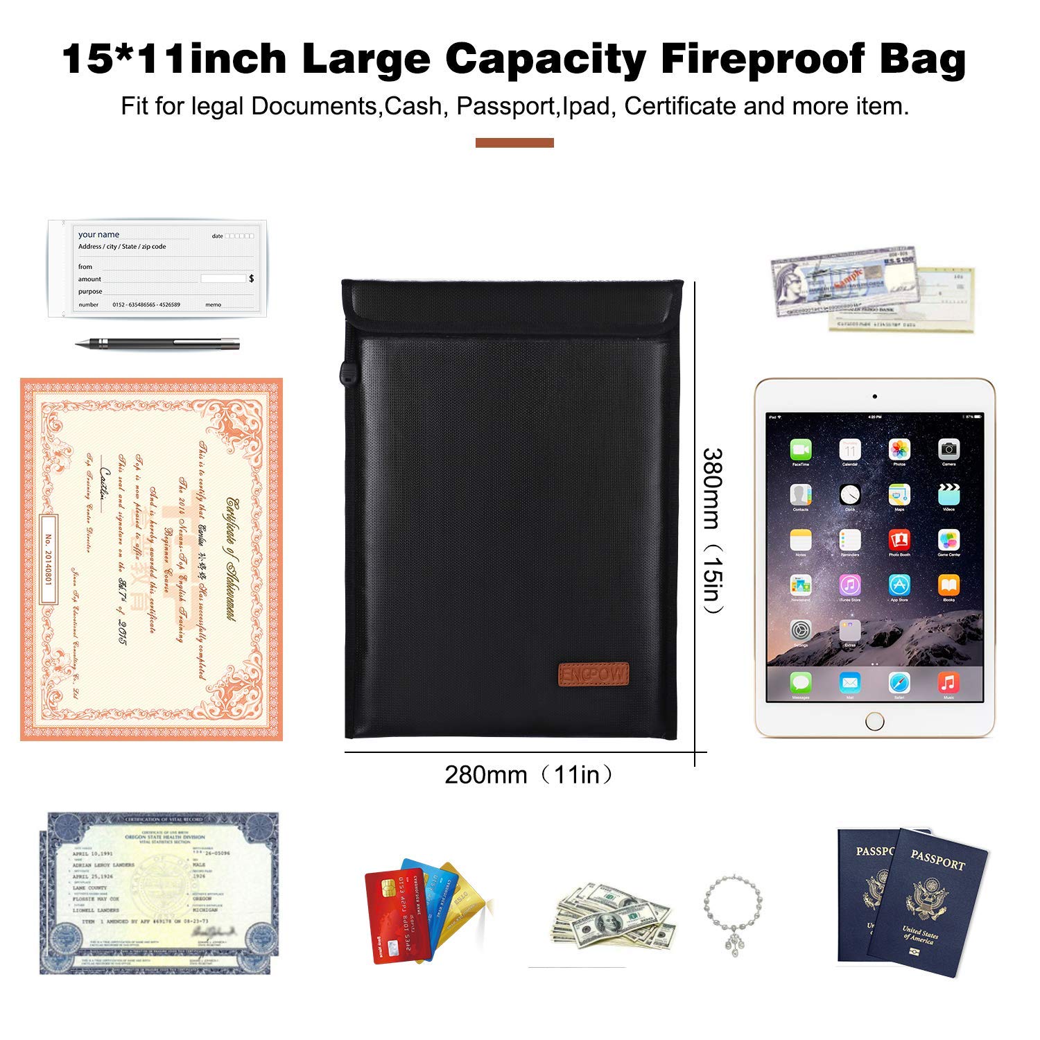 Fireproof Bag (11x15inch) ENGPOW Non-Itchy Silicone Coated Fire Resistant Money Bag Fireproof Safe Storage for Money,Documents,Laptop,Jewelry and Passport (Black)