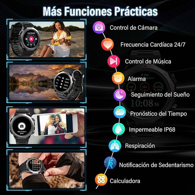 Reloj inteligente hombre mujer, Militar Smartwatch, 1,39 HD pantalla, Negro — foto 5 de 7