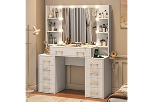 jiteentarou Glass Top Vanity Desk with Mirror & Lights, Large Vanity Makeup Mirror Desk with Charging Station & Compartment Storage Drawers, Modern Makeup Vanity with 9 Drawers & 6 Shelves, White