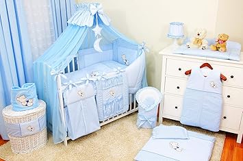 Complete Set Xl 18 Piece Bedding Cot Bumper Baby Bedding Bed Set Cot Bumper Bedding Set Complete Teddy Bear Moon Stars Baby Bedding Set Baby Bedding Blue 120 X 60 Cm Amazon De Baby