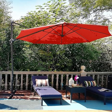 Phi Villa 11ft Patio Umbrella Cantilever Offset Hanging Outdoor Umbrellas With Crank Lift Cross Base 8 Ribs Orange Red Amazon In Garden Outdoors