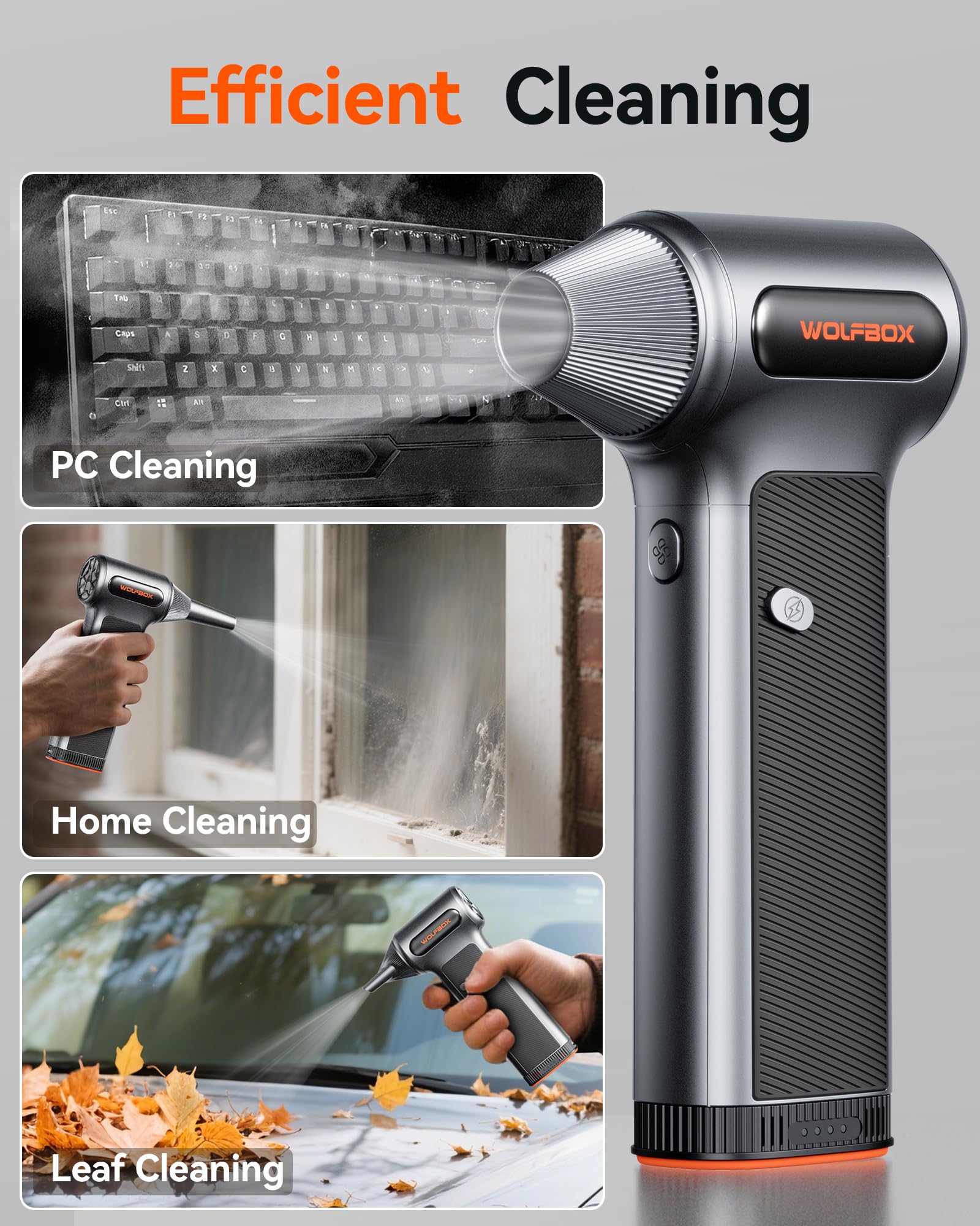 WOLFBOX MF200 Compressed Air Duster with Removable Battery & 4 Nozzles, Cordless 3-Speed Adjustable Mini Blower for Computer Keyboard, Car Cleaning, Home, and Outdoor Use
